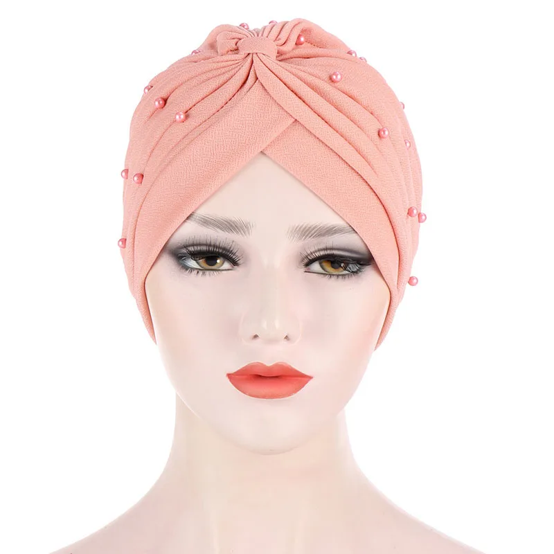 Turban For Women Solid Color Muslim Wrap Head Hats Folds Headwear Hair Scarves With Beadings Vintage Hijab Bonnets Hair Scarf