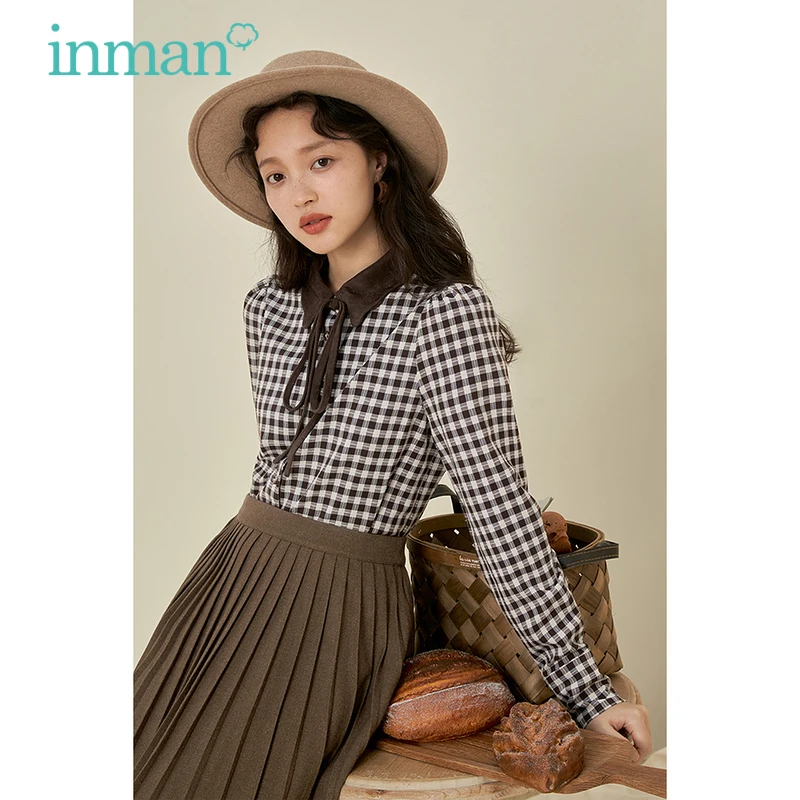 

INMAN Women's Blouse Autumn Winter Vintage Classic Plaid Shirt Color Contrast Tether Design Pointed Collar Long Sleeve Top