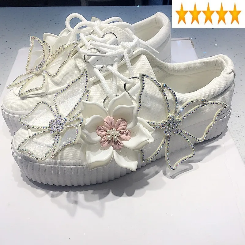 Luxury Women Canvas Appliques Flower Diamonds Platform Lace Up Casual Fashion Cosplay Lady Kawaii Lolita Shoes