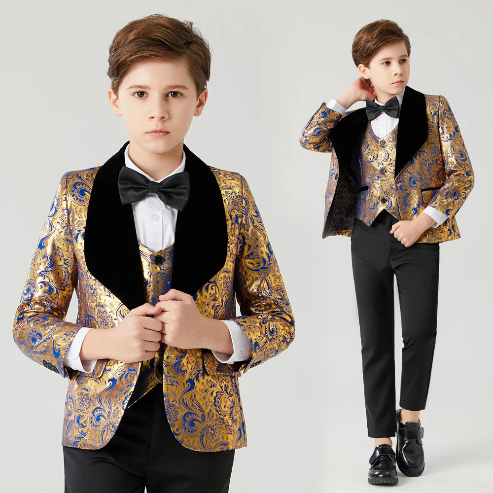 Suit for Boy communion wedding dress for boy kids Costume Children\'s Blue Gold suit Boys\' black collar suit 3PCS Flower Boys