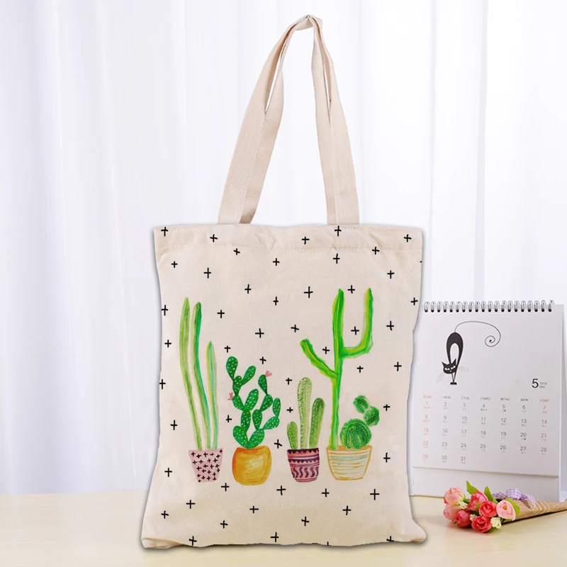 High Quality cactus Canvas Tote Bag Fashion Durable Women Student Cotton Linen Handbag Printed Shopping Bags Custom logo