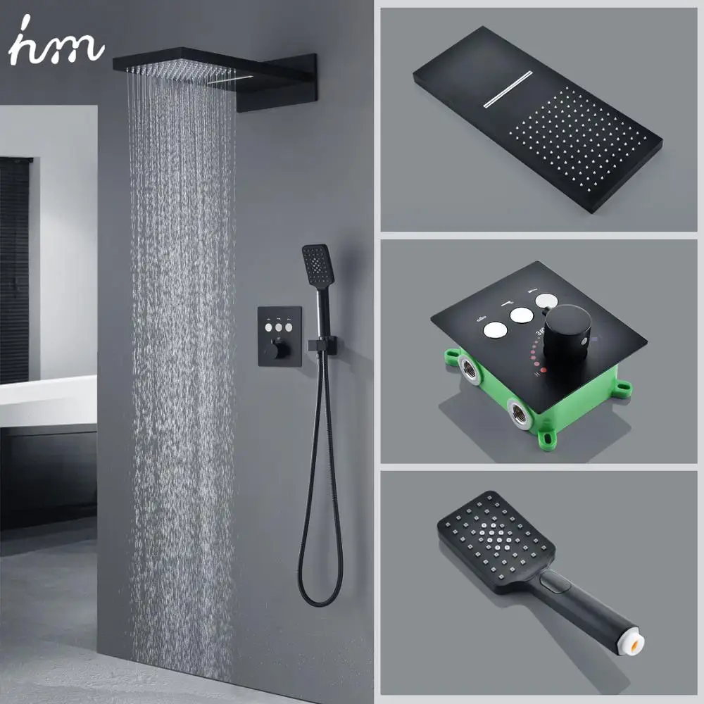 hm Wall Mounted Bluetooth Music Shower System Waterfall Rainfall Showerhead Set Button Touch Thermostatic Diverter Black Faucet