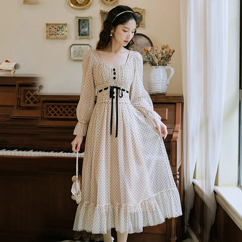 Vintage  Gentle Wind Sweet Polka Dot Dress 2021 Autumn New Women's Puff Sleeve Square Neck Ruffle Mesh Princess Dress