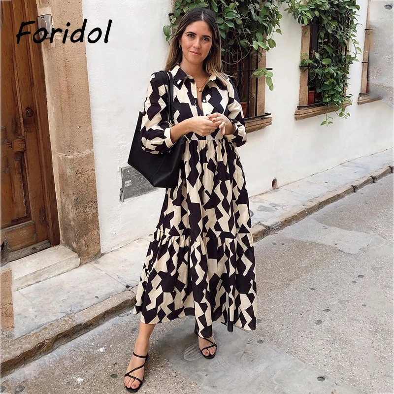 Foridol Geometric Print Black Shirt Dress Casual Elegant Autumn Winter Women's New Dress Vestidos Robe Femme Long Sleeve Dress