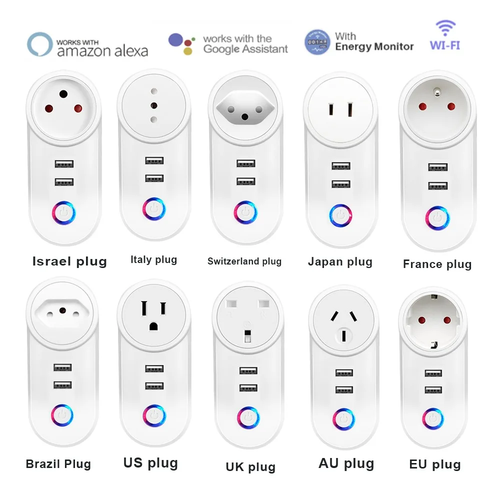 US EU UK AU Israel Brazil WIFI Smart Socket Mobile Plug With Dual USB Charging Remote Control Timer Support Alexa Google 10A 16A