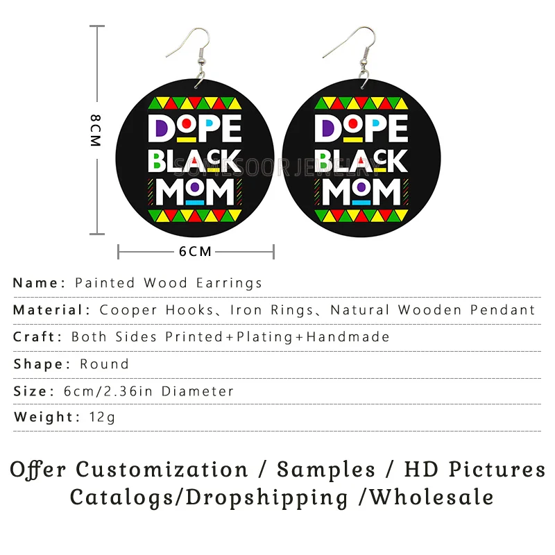 SOMESOOR Dope Smart Black Family Arts Printed Round Wooden Drop Earrings Powerful Sayings Loops Dangle Jewelry For Women Gifts