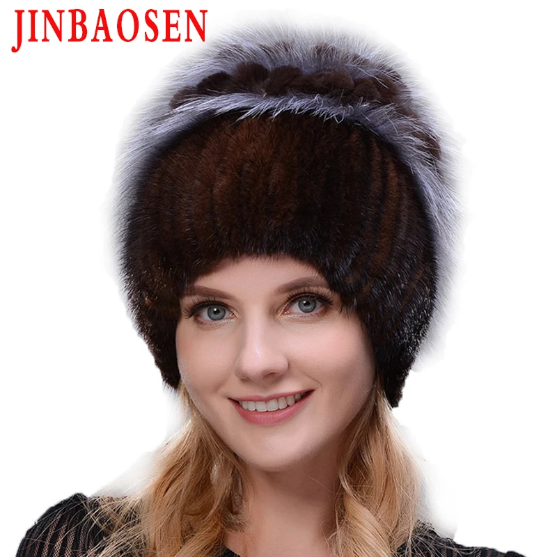 JINBAOSEN Woman Winter Fur Fashion Real Fur Hat Mink Fur Rabbit Natural Fox Knit Wool Ski Hat Warm Ear Protection Travel Hat