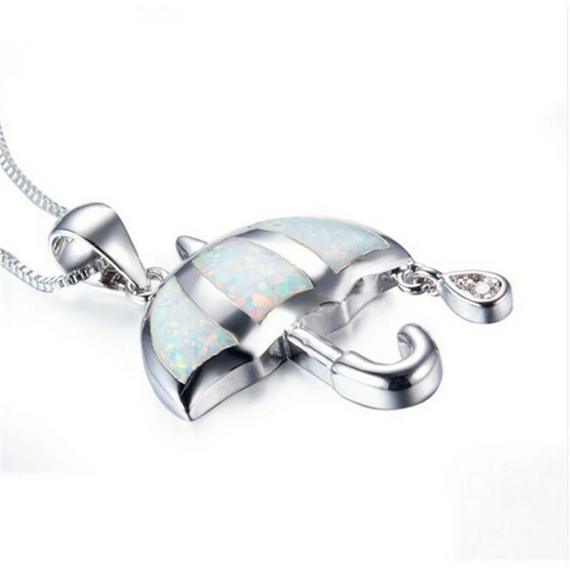 Silver Necklace White Simulated Opal Umbrella Pendant Xmas Birthday Jewelry