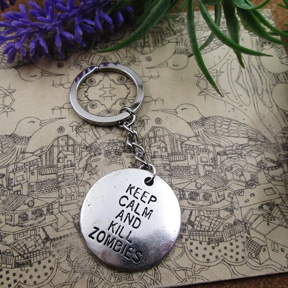 3pcs/Lot Fashion 32mm Keep Calm And Kill zombies 28mm Keyring Metal Chain Silver Color Men Car Gift Keychain