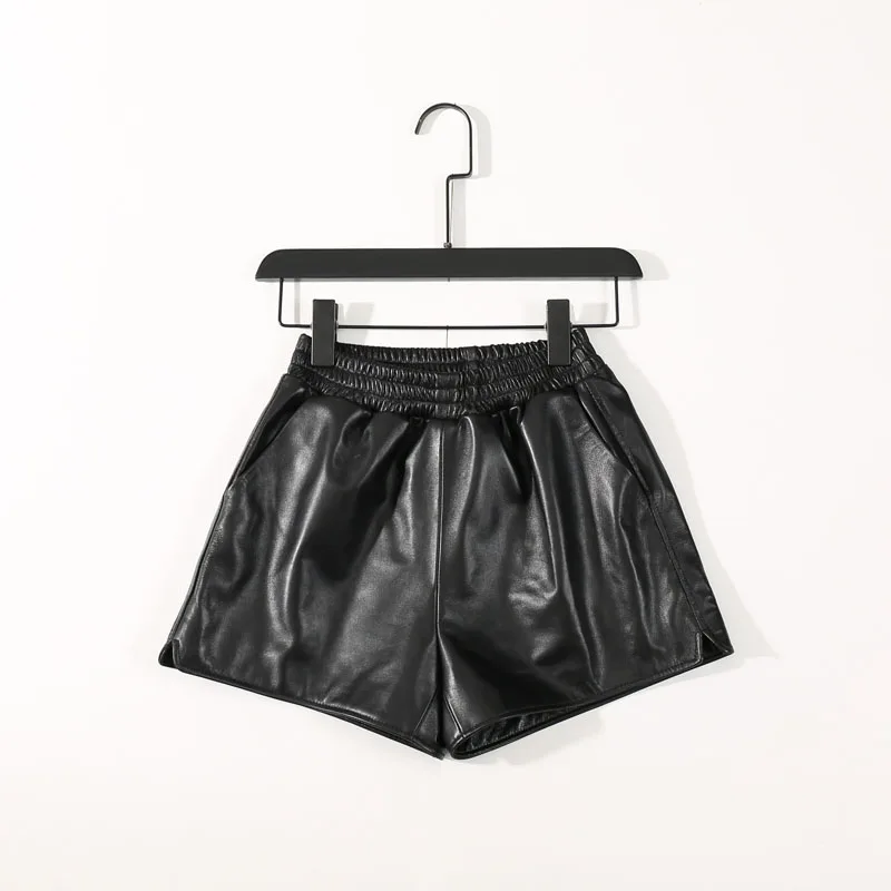 

2020 Spring New Leather Elastic Caist Shorts Women Sheepskin Thin Korean Wide-leg Shorts Loose Leather Shorts Fashion tide