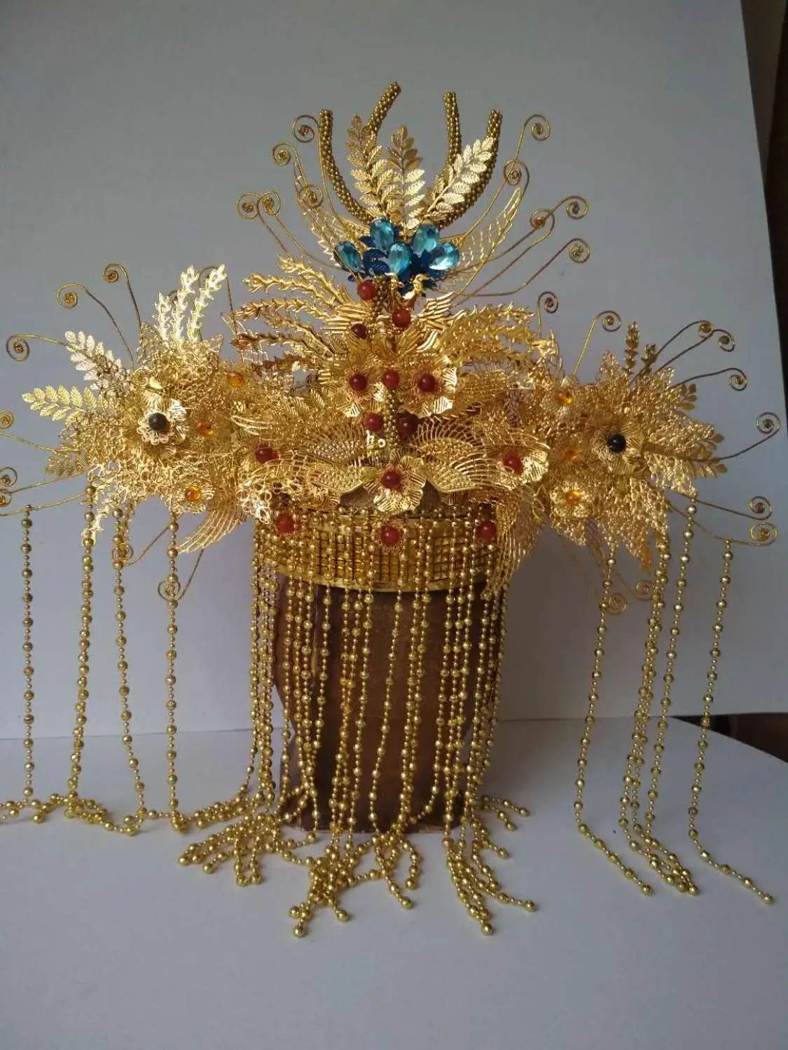 

16 Designs Handmade Golden Empress Princess Hair Tiara Bride Wedding Hat Drama Photography Long Tassel Phoneix Crown Headpiece