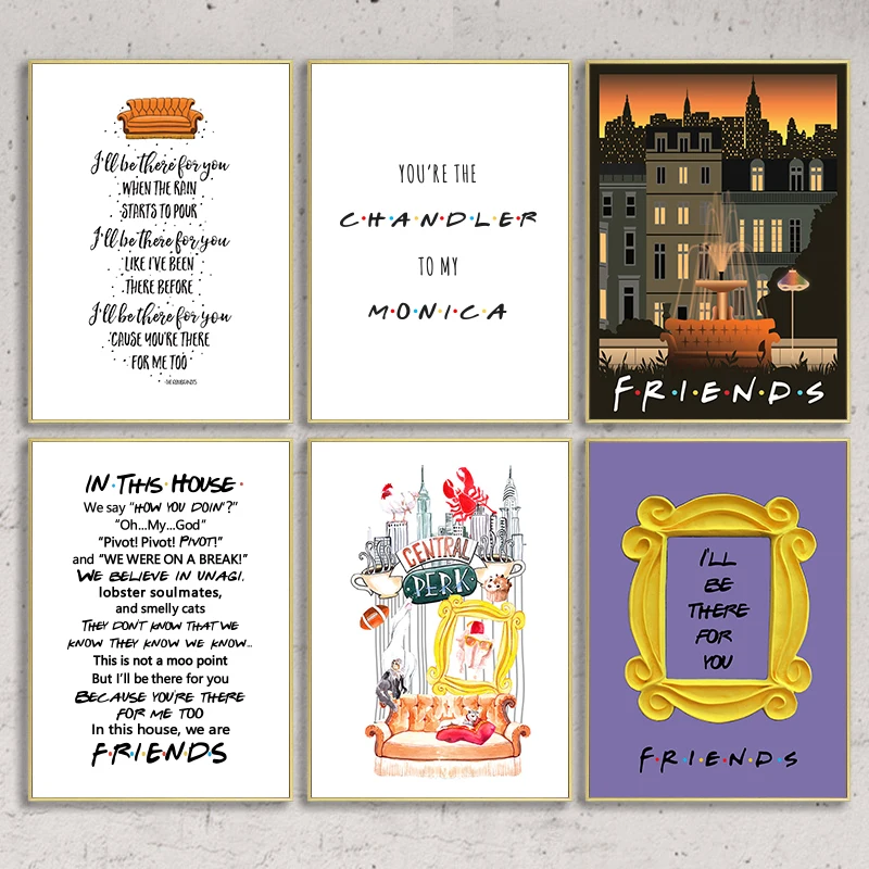 Wall Art Friends TV Show Fontain Watercolor Poster Prints , 90s Sitcom Central Perk Couch Canvas Painting Tv Series Poster Decor