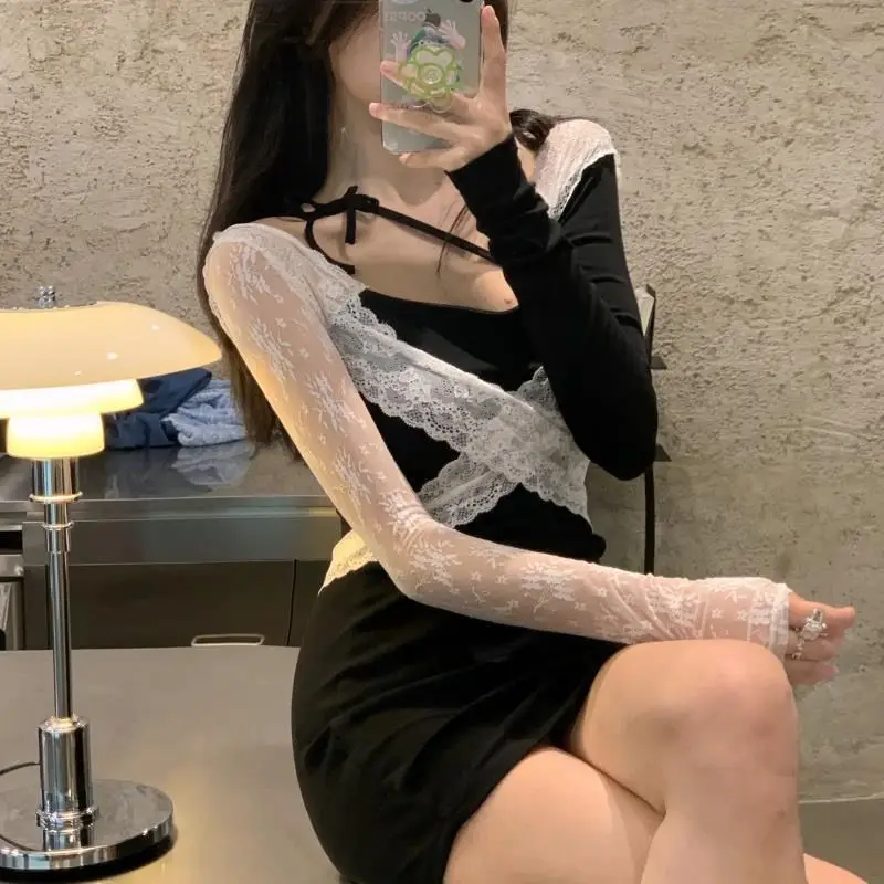 

Pure lust sexy lace long-sleeved hot girl suspender dress women's autumn 2021 new slim little black dress bag hip short skirt