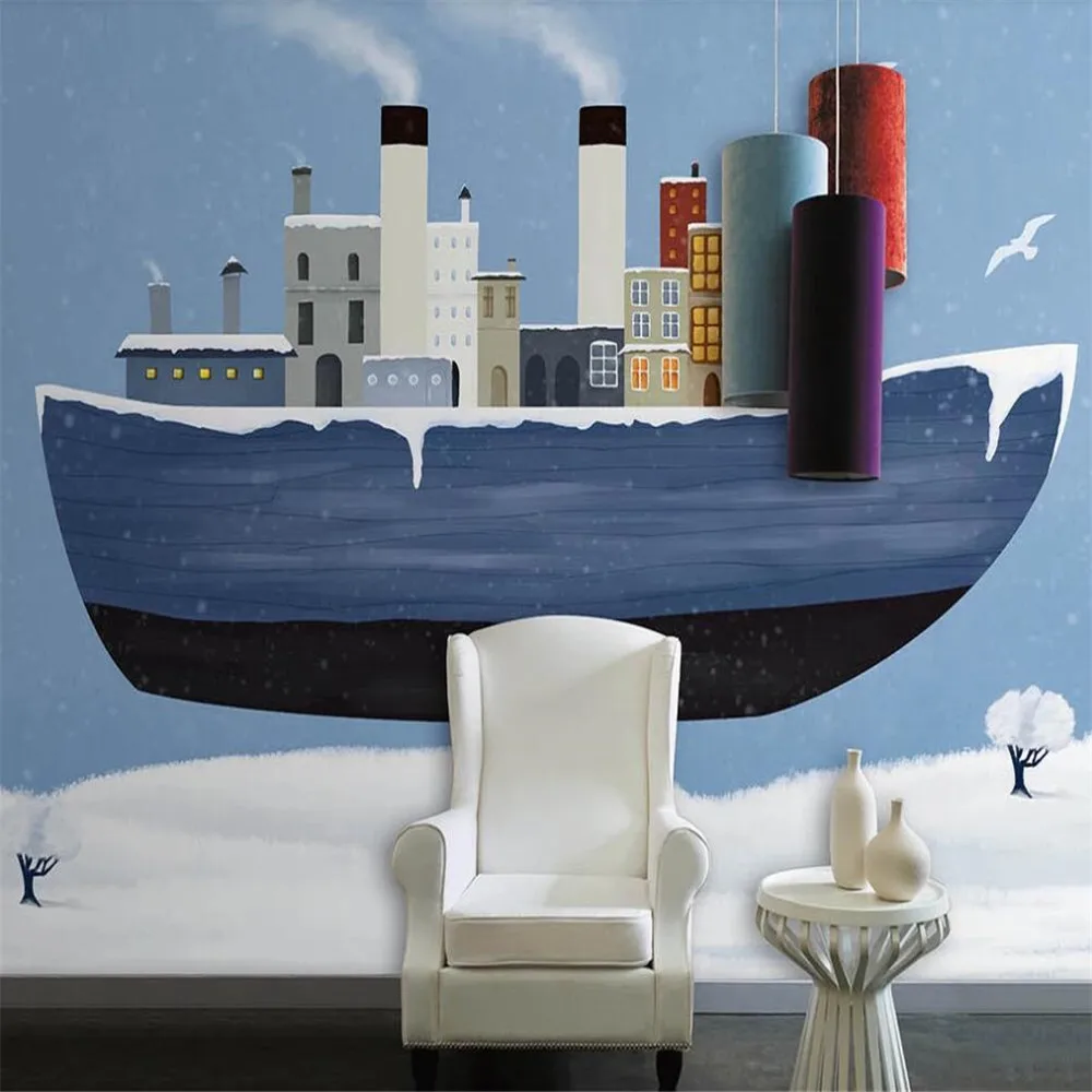 

Milofi custom 3D wallpaper mural modern minimalist hand-painted cartoon boat house background wall decorative painting wallpaper