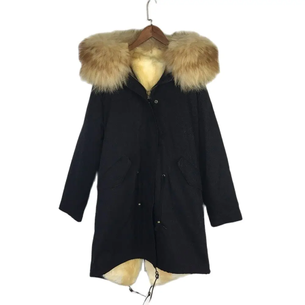 Mhnkro Natural Mink Fur Lined Winter Fashionable Long Black Shell Big Collar Real Fur Lined