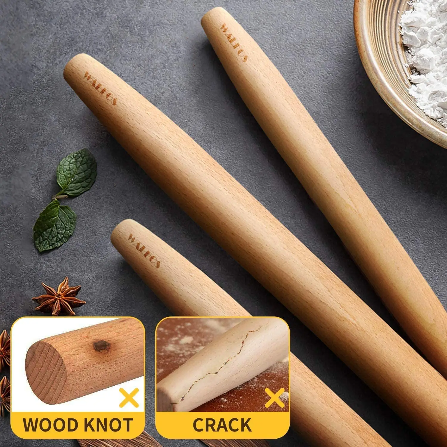 WALFOS French Rolling Pin and Silicone Pastry Mat Set Beech Wood Rolling Pin 18 Inch For Best Pie Crust Cookie Pasta Pizza Doug