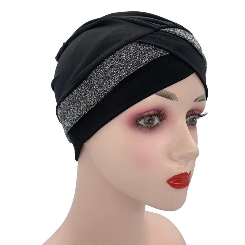 Fashion Muslim Women\'s Headscarf Bonnet Stretchy Under Hijab Caps Forehead Cross Female Glitter Turban Cap Islamic Head Wraps