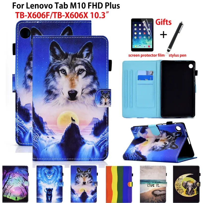 For Lenovo Tab M10 FHD Plus Case Cover 10.3 TB-X606F TB-X606X Funda Tablet Cartoon Lion Wolf Stand Skin Shell Capa Coque +Gift