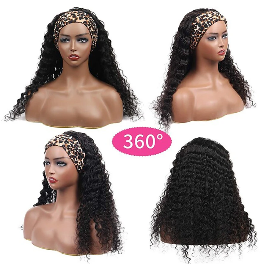 Headband Wig Human Hair blend Deep Wave Wigs for Black Women Deep Curly Glueless None Lace Front Wigs