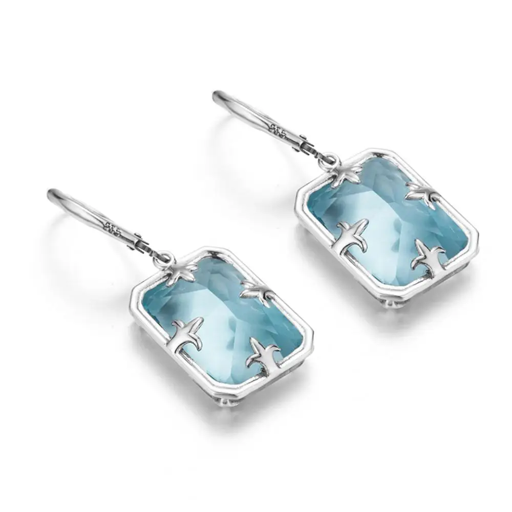 Szjinao Women Viking Blue Aquamarine Earrings 13*18mm Rectangle Gemstones Drop Earrings Solid Silver 925 Vintage Jewelry Female