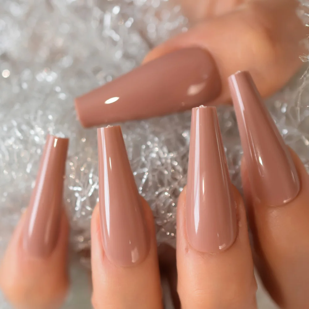 Nude Brown Super ยาวเล็บปลอม Coffin Glossy กด Ballerina อะคริลิคเล็บปลอม Party คอสเพลย์พรหมสำหรับผู้หญิงหญิงสาว