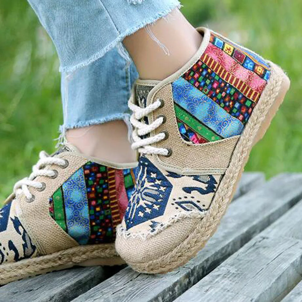 Vintage Embroidered Women\'s Shoes Boho Cotton Linen Canvas Single Country Knit Round Toe Lace-up Cloth Shoes Women\'s Flats