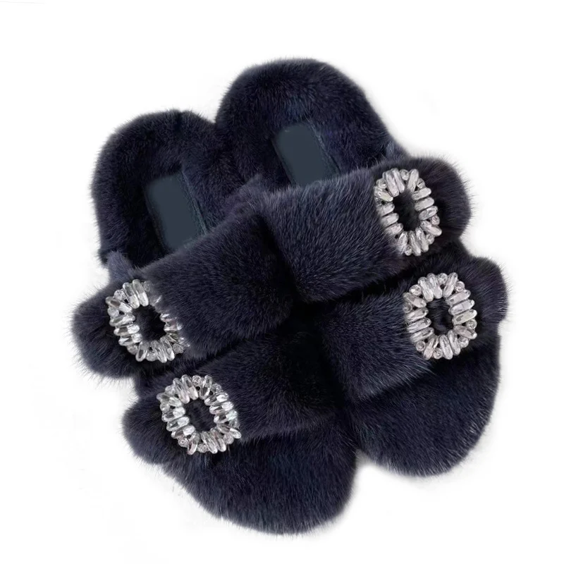 New Women\'s Rhinestone Slippers,Summer Sandals Womens Flats Slides Flip Flops Open Toe Fur Slippers For Women,Mink Fur Slippers