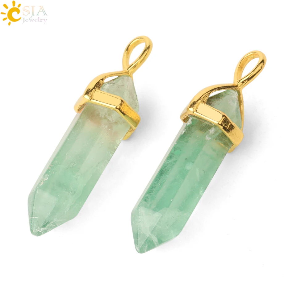 CSJA Natural Stone Green Fluorite Pendants Necklaces Gold-color Hexagonal Prism Two Pointed Crystal Necklace Female Jewelry G461