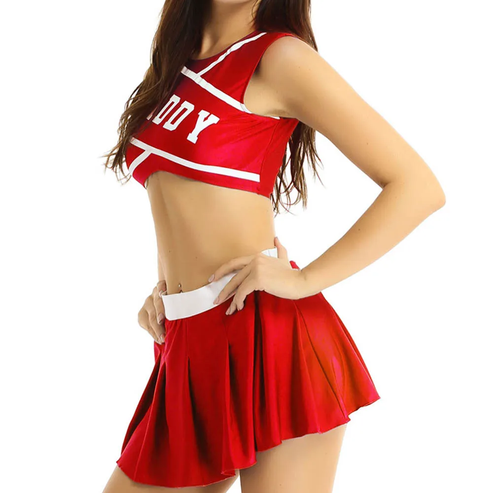 

Women Japenese Sexy Costumes School Girls Cheerleader Uniform Sleeveless Crop Top with Pleated Skirt Cosplay Themed Party Sets