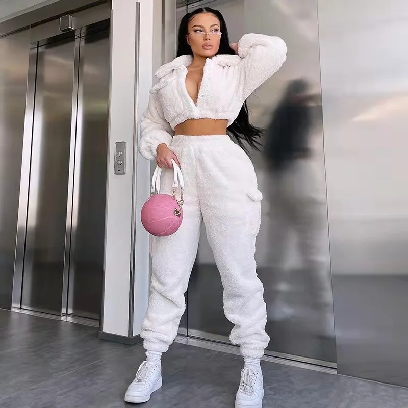 Fashion Sweat Suits 2 Piece Sets Women Outfits Casual Sportwear Sweatshirt+Sweatpants White Plush Warm Lapel Zipper Cardigan