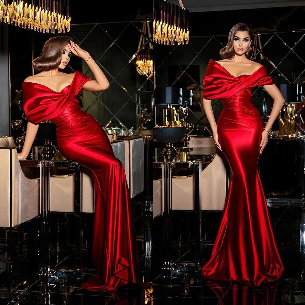 

Off Shoulder Evening Dresses Custom Made Classic Red Satin Party Gown Mermaid Ankle Length Dress