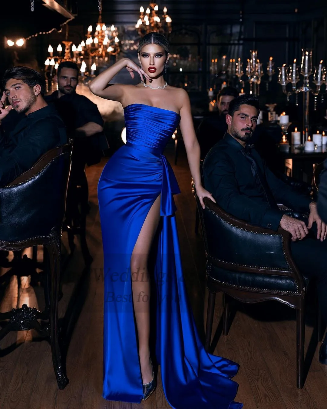 Sevintage Mermaid Royal Blue Arabia Prom Dresses Satin Pleats Slit Side Dubai Formal Evening Dress Customize Women\'s Party Gowns