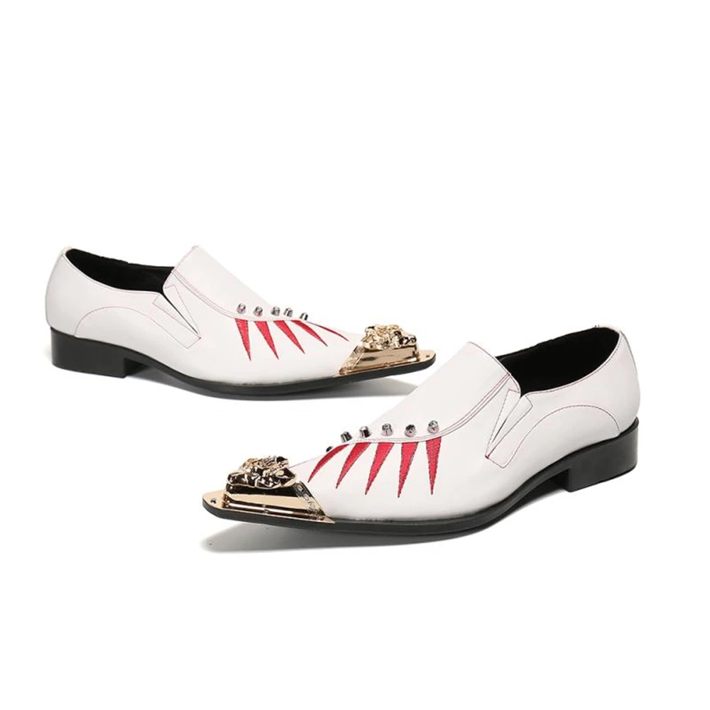 

Summer Mens Korean Style Gold Pointed Toe Slip-on Printed White Leather Business Casual Shoes