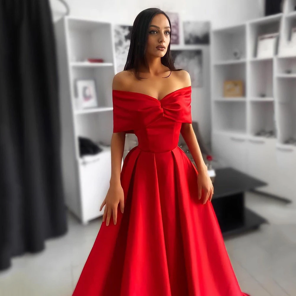 Czerwona linia satynowa formalna suknia wieczorowa elegancka Off The Shoulder Prom suknia wieczorowa dubaj muzułmańska szata De Soiree Vestidos