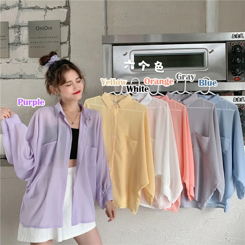 2025 Women Chiffon Blouse Shirt Long Sleeve Spring Summer Lilac Tops Pocket Loose Thin Sunscreen Shirt Bikini Cover Up Beachwear