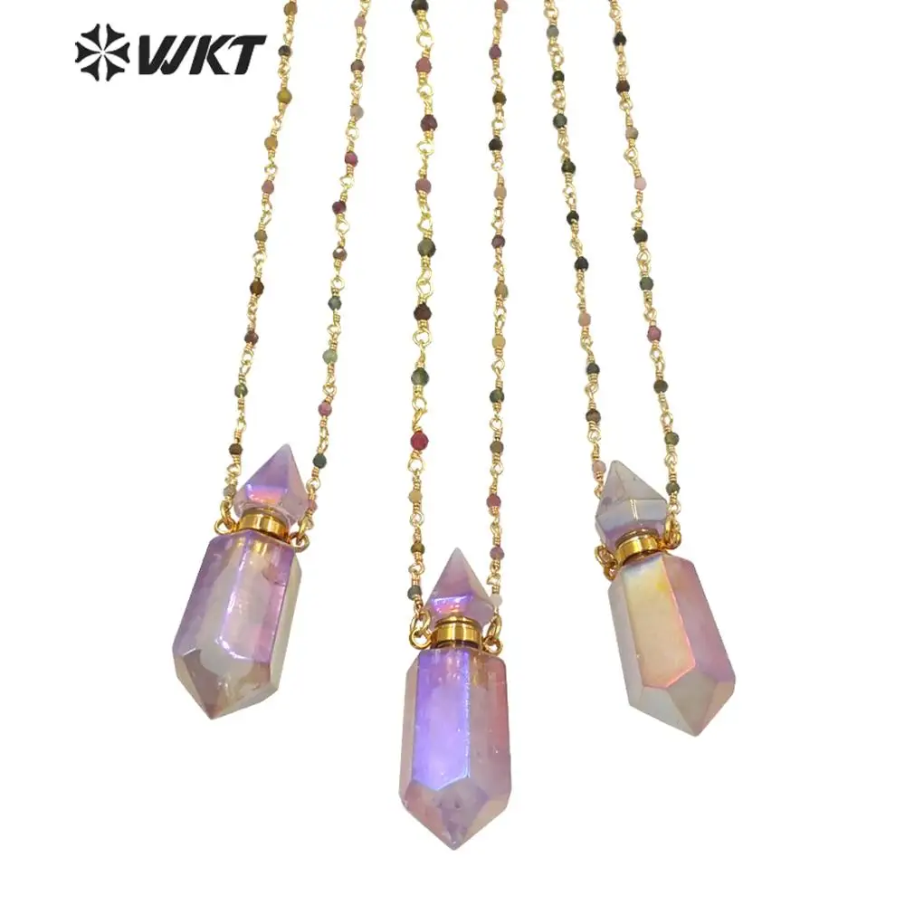 

WT-N1234 Luxury stone necklace shinny purple a methyst aura perfume bottle necklace with 18 inch rosary chain