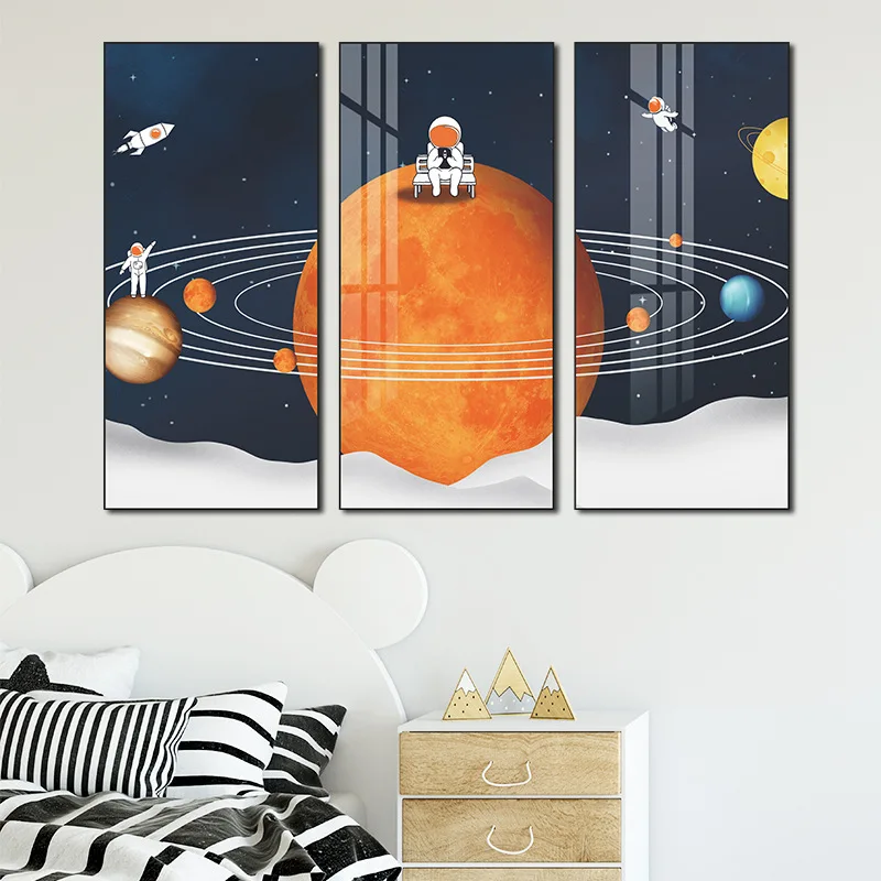 Cartoon Astronaut Planet Triptych Wall Sticker For Kids Baby Room Decoration Decals Bedroom Home Decor Self-adhesive Wallpaper