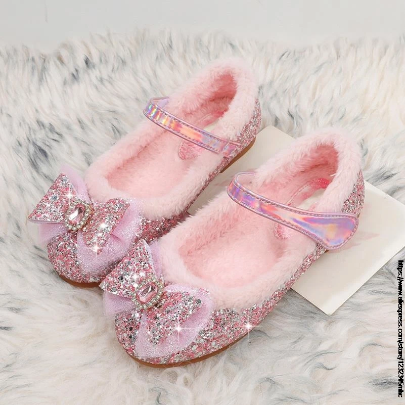 Kids Casual Shoes For Girls Winter Cotton Shoes For Toddlers Girl & Children Flat Loafers With Thick Fur Hairy Frozen Elsa 23-34