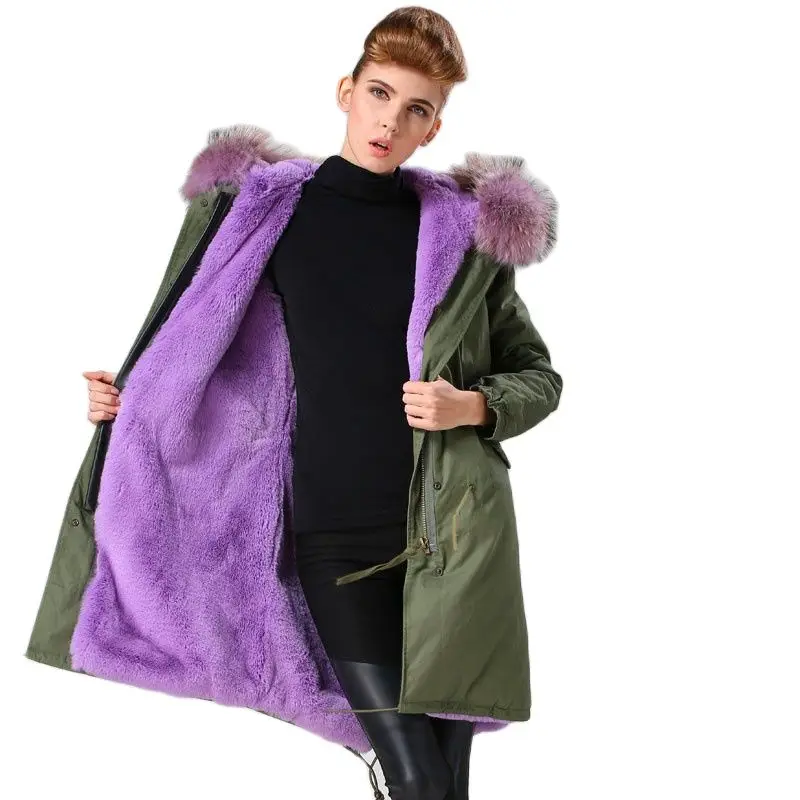 

Mhnkro Lilac Color Long Style Elegant Women Faux Fur Jacket Purple Real Raccoon Collar Long Style Winter Wear Mr&Mrs Wear