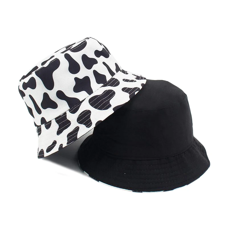 2021 New Fashion Reversible Black White Cow Print Bucket Hat Panama Summer Sun Caps For Women Men Fisherman Hat