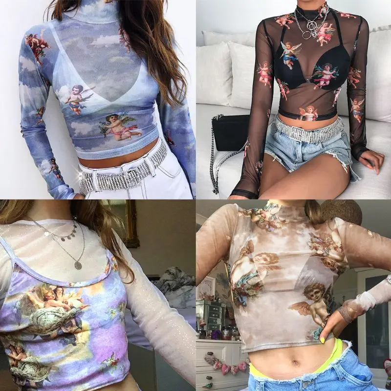 Womens Summer Long Sleeves Mock Neck Crop Top Romantic Colored Angel Cupid Printed T-Shirt See Through Mesh Party Club  4