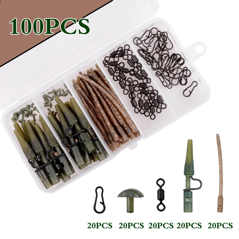 100Pcs/Box Carp Fishing Tackle Kit Including Anti Tangle Sleeves Rolling Swivels Heavy Duty Lead Clips Terminal Accessories