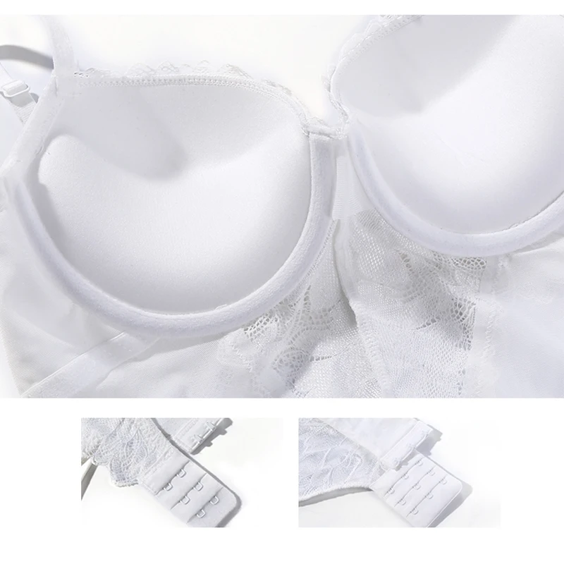 New Women Bodysuit Sexy Lace Embroidery Push Up Bra Set Classic White Transparent Underwear Shapewear Plus Size Bodycon Onesies