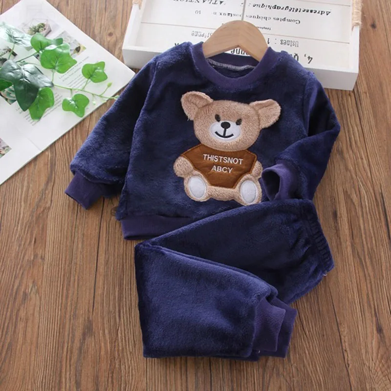 Fashion Infant Clothing Winter Flannel Baby Warm Suit Casual Baby Girls Clothes Cartoon Sweater+Pants 2pcs Boys Pajamas Set