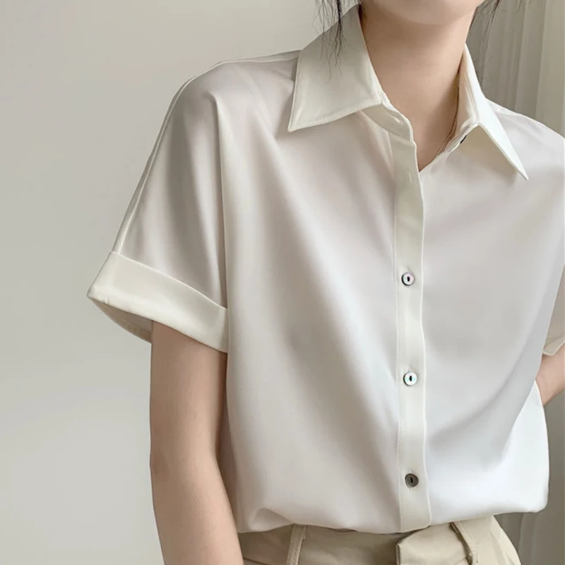 JMPRS Elegant Women Chiffon Shirt White Office Summer Short Sleeve Summer Ladies Tops Casual Loose Large Size Button Up Blouse