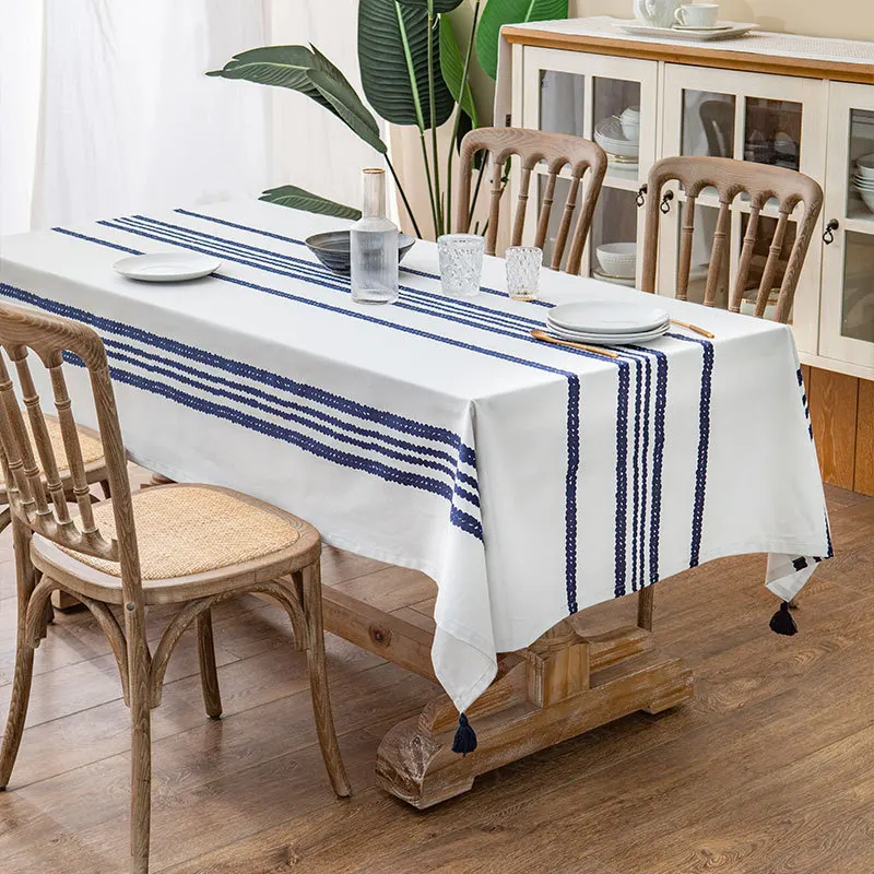 

2022 Tablecloth Cotton Table Cover Fabric Modern Simple Fresh White Blue Geometric Dot Stripe Home Party Decorating Textile