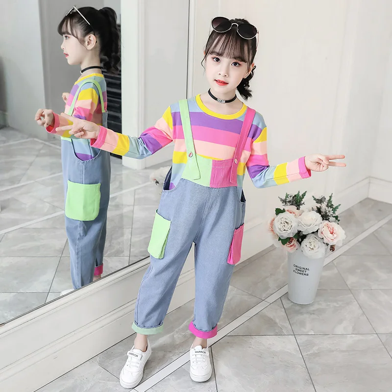 Cute Girls Clothes Colorful Tops Long Sleeve Rainbow Sweatshirt Jeans Pocket Denim Jumpsuit 4 5 6 7 9 11 12 Years Girl 2pcs Sets