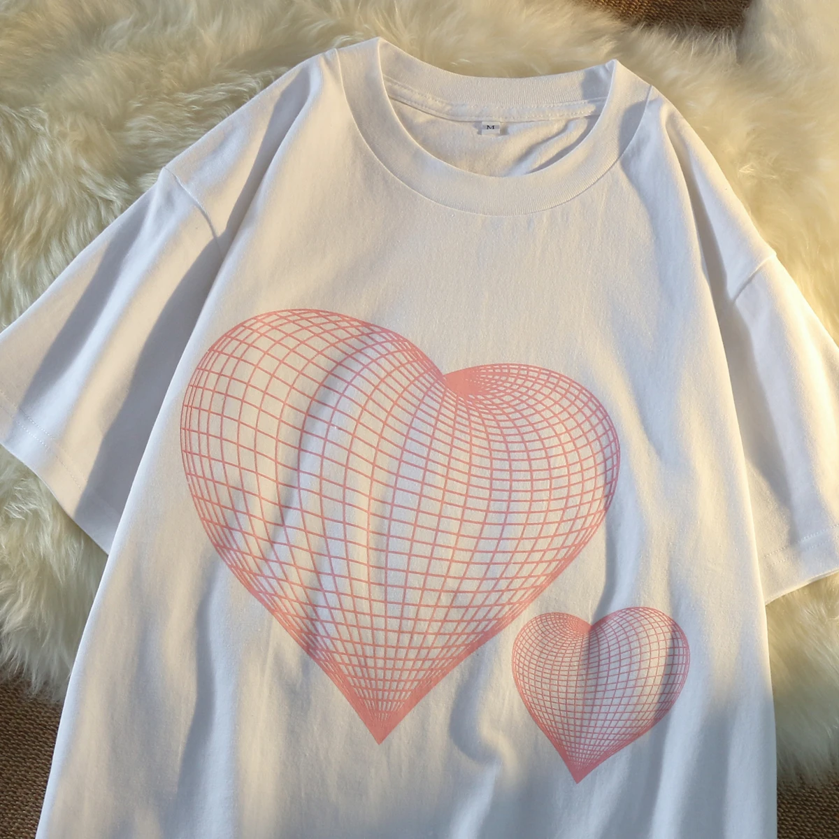 

Innovation Plaid Heart Harajuku Retro Love White Short Sleeve T-shirt For Women's Loose Summer Clothes Lovers Hip Hop Tops