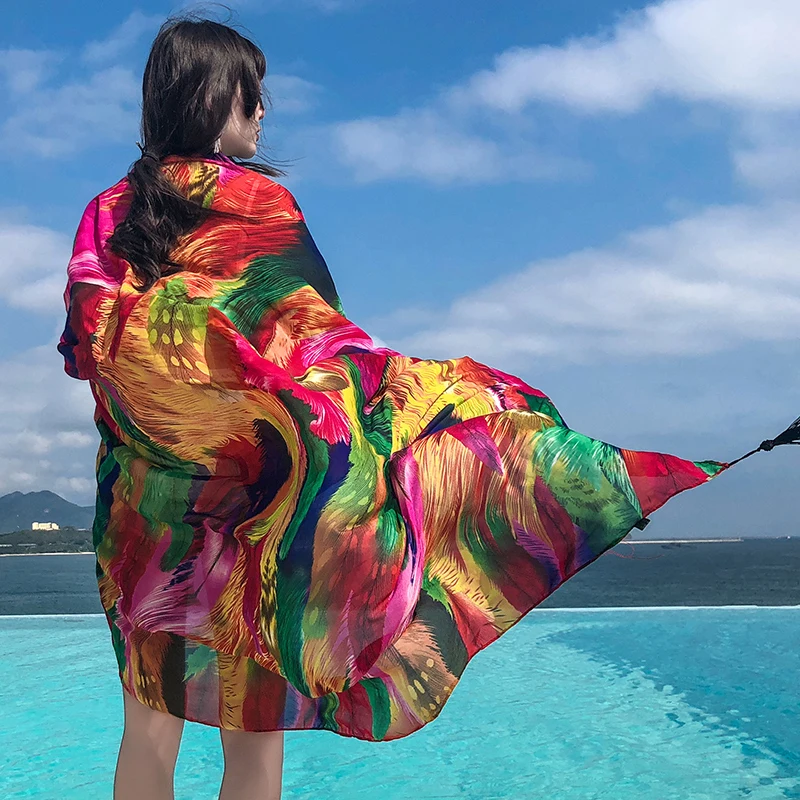 Silk scarf female summer sunscreen beach towel bohemian shawl scarf dual-use wild beach large scarf can be used as a skirtdress