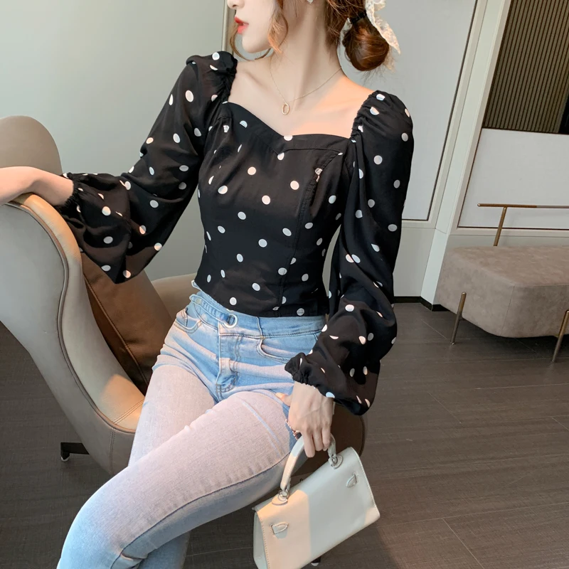 Blouse Femme 2020 Autumn New Polka Dot Black White Puff Sleeve Top Chiffon Shirt Square Collar Casual Long Sleeve Women Shirt